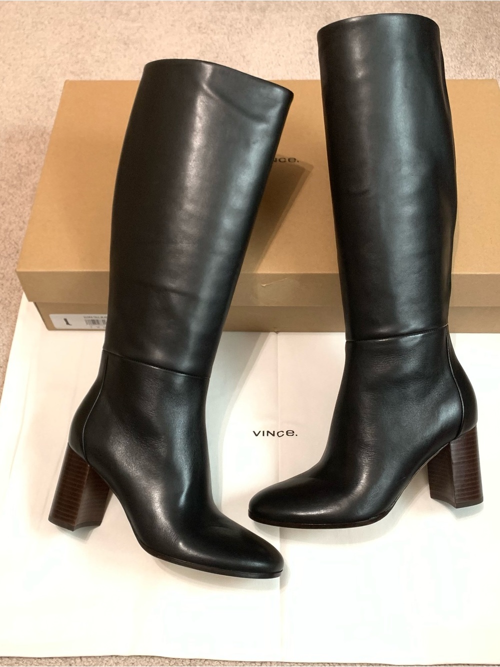 Vince Elora Tall Black Leather Round Toe Boots Women’s Size 7.5
